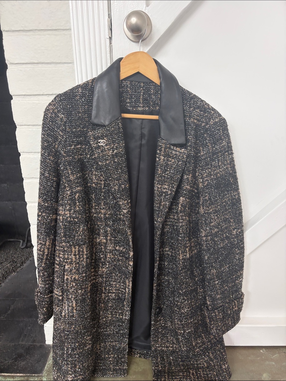 CHANEL pin on Black and Beige Tweed Blazer with Leather Collar